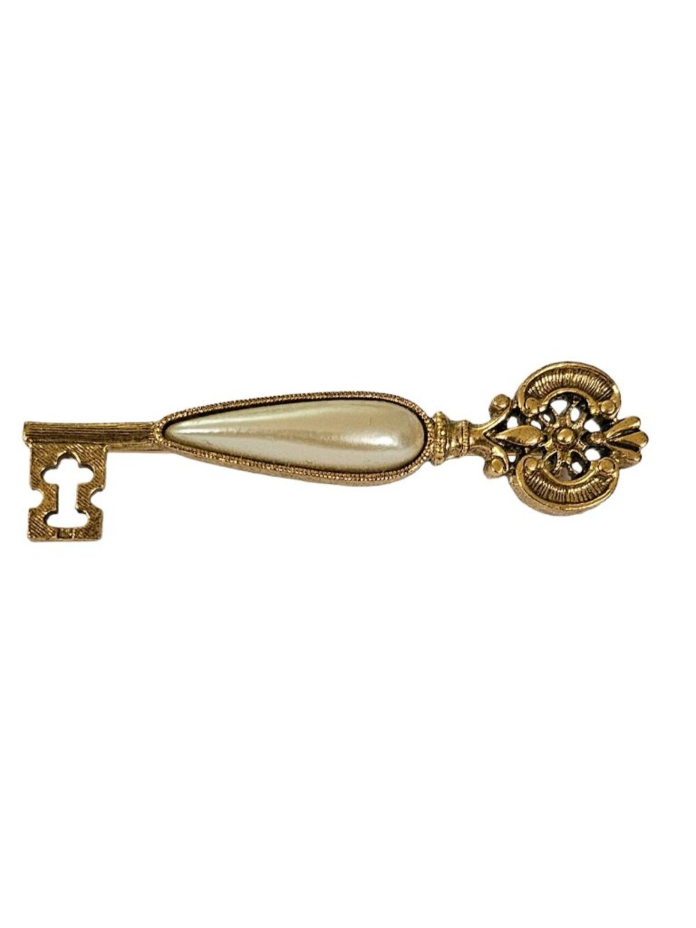1928 Brand Gold Tone Faux Pearl Skeleton Key Brooch Pin L263